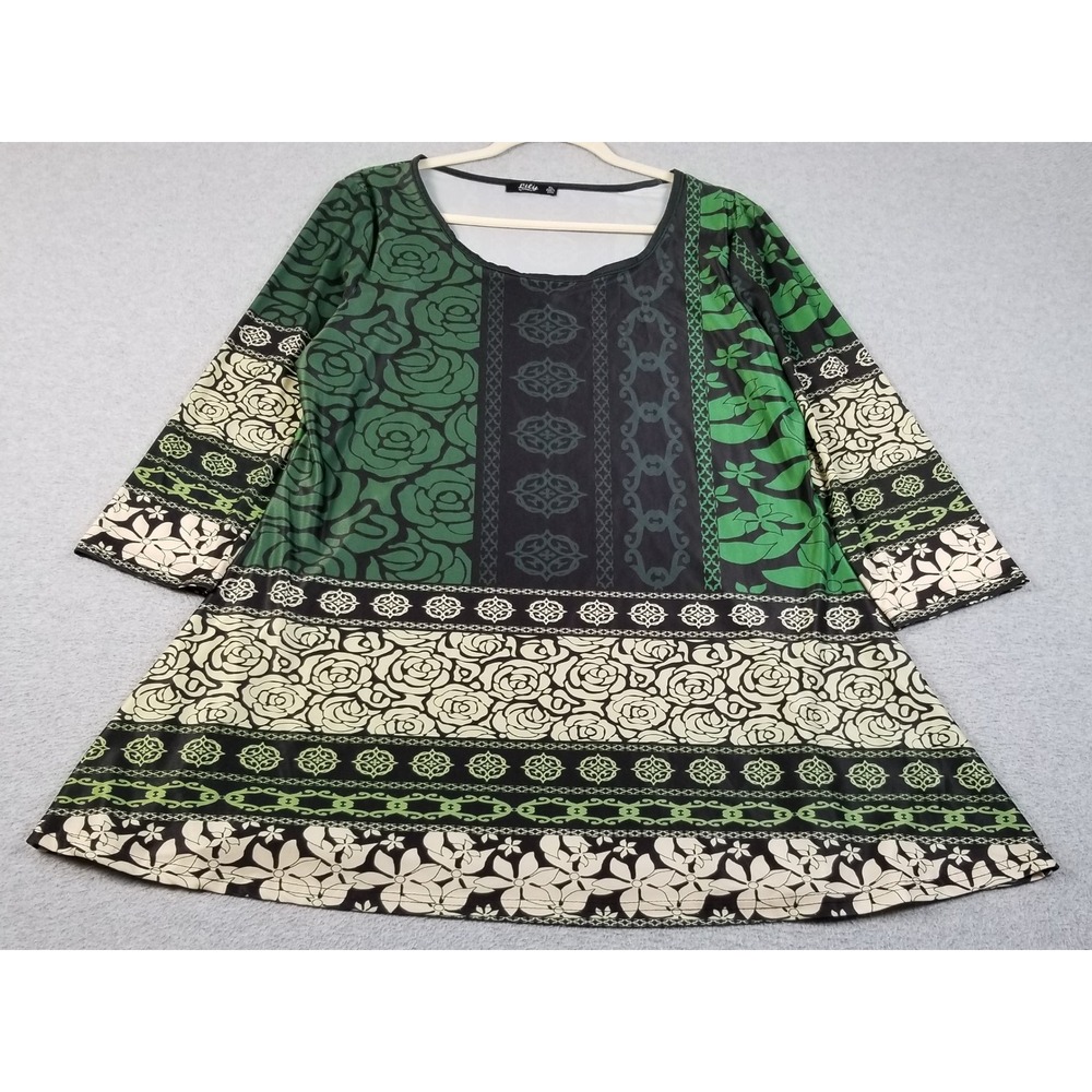 Lily Firmiana Tunic Top Women's XL Green Black Floral 3/4 Sleeve Stretch Artsy
